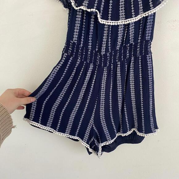 LULUS navy and white stripe boho off the shoulder romper - Picture 4 of 6